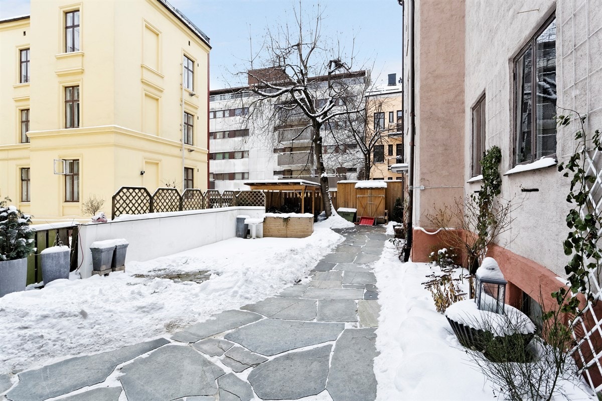 Hyggelig steinbelagt bakgård med prydbusker og planter. Galleribilde