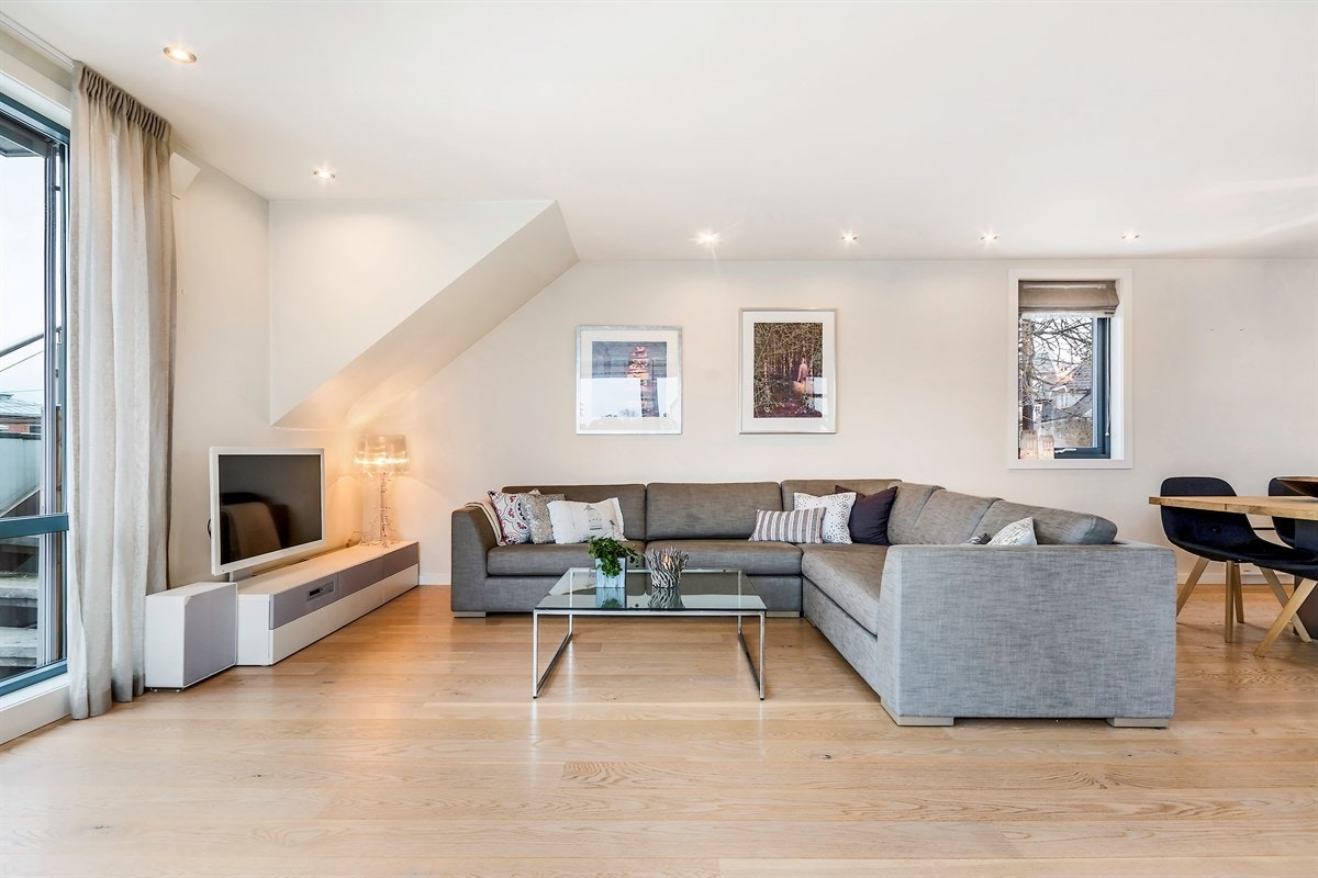 Rommet har god plass for både sofagruppe og spisestuemøblement Galleribilde