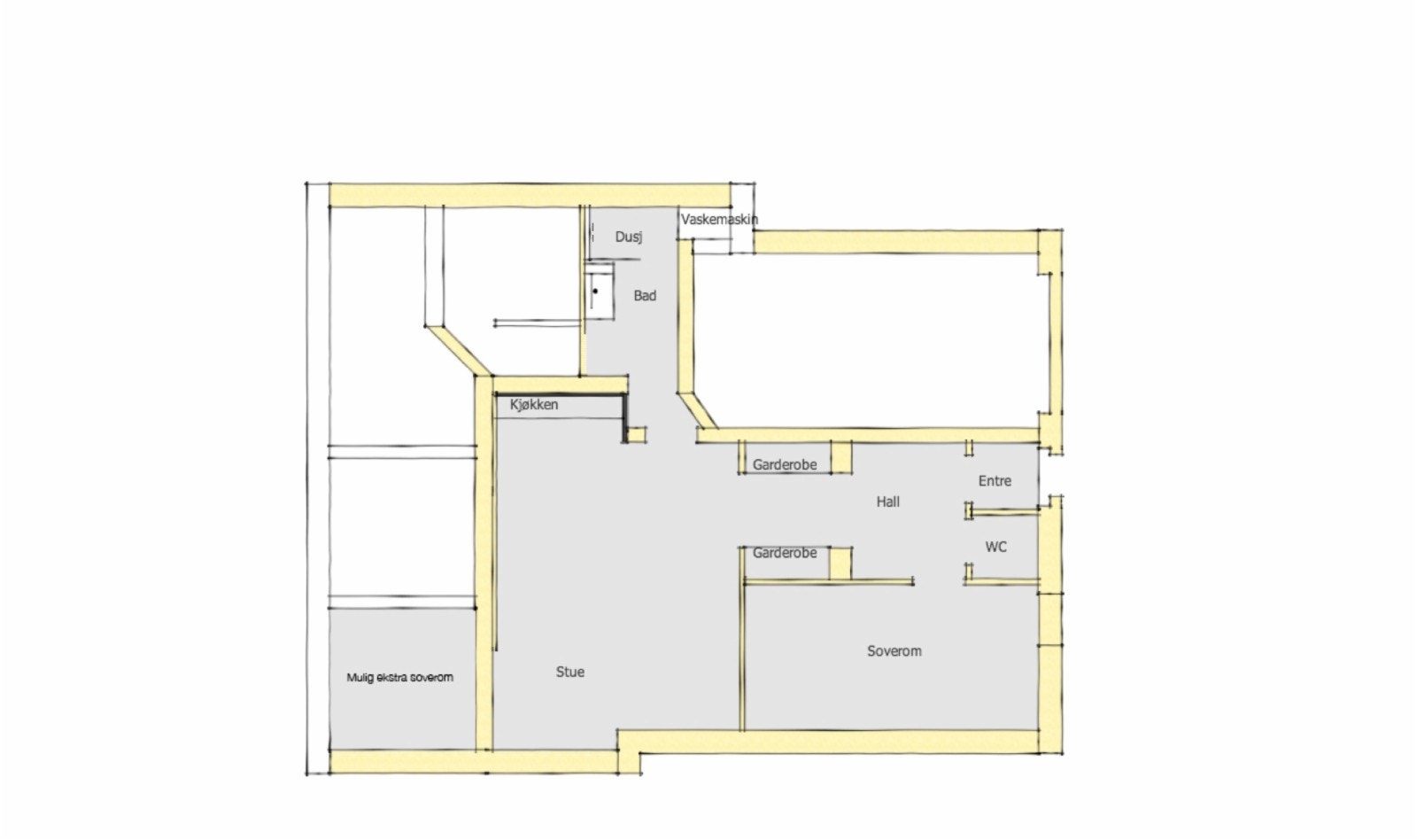 Plantegning. Leiligheten omfatter de grå arealene Galleribilde