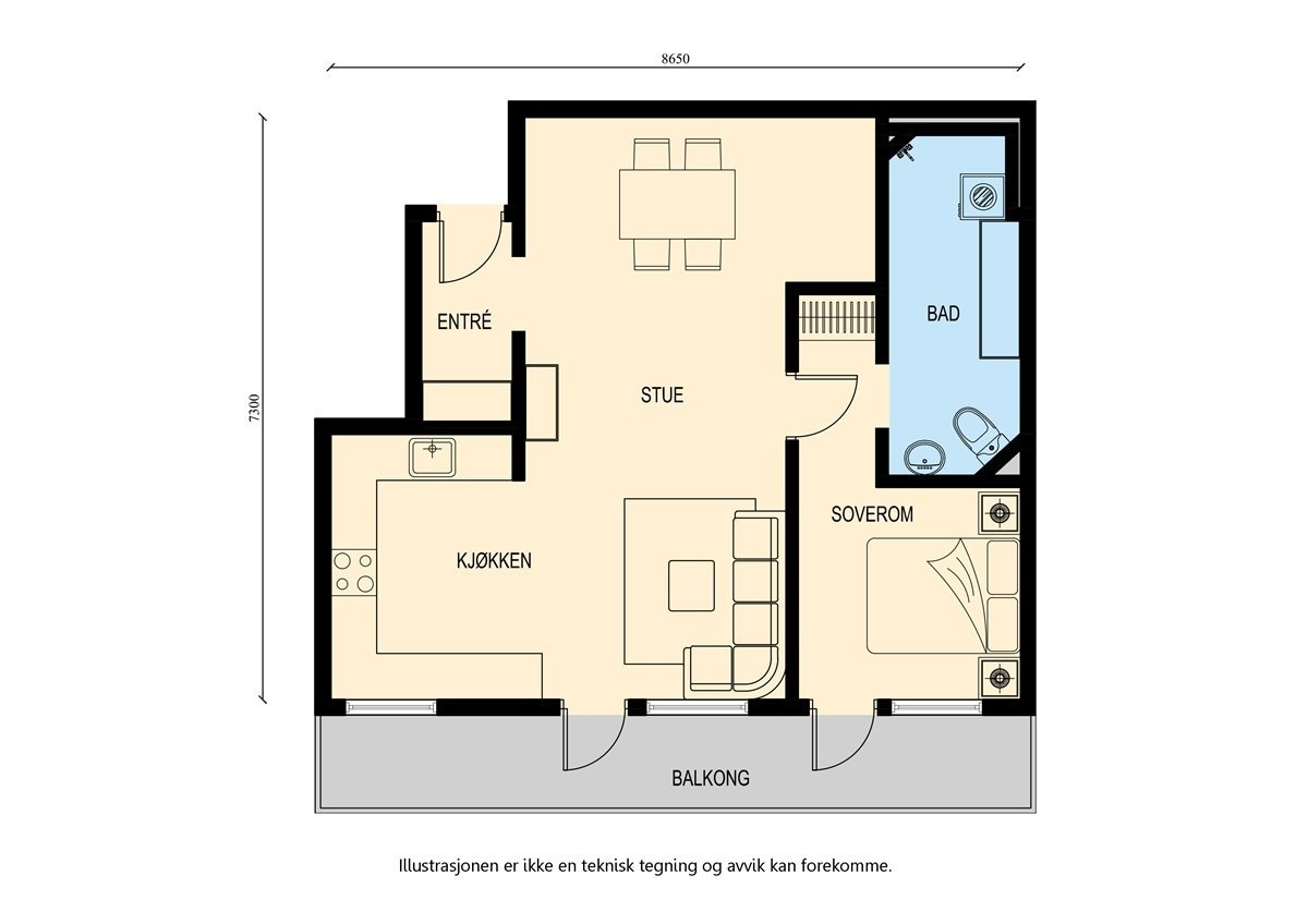 2. etasje: Entré, bad, soverom, kjøkken og stue med utgang til balkong på 9kvm. Galleribilde