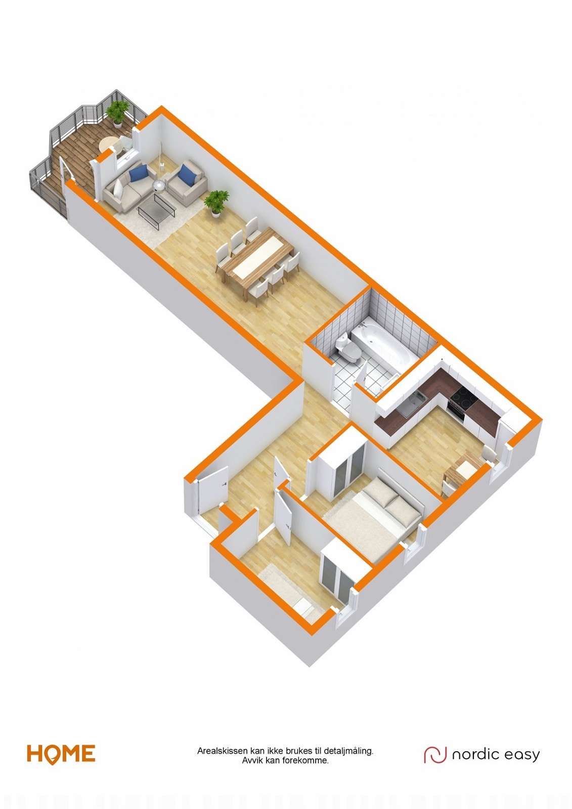 Plantegning 3D. Leiligheten er formet som en L - for Løkka. Galleribilde