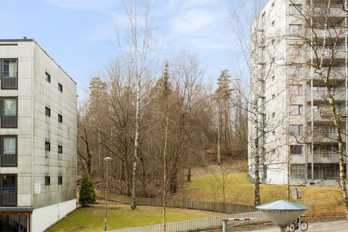 Balkongen har ettermiddags-/kveldssol og utsyn mot skogområde. Gangvei gjennom skogholtet til flotte turområder i Mærradalen Galleribilde