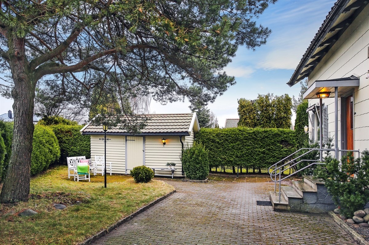 Skjermet ved inngangsparti med hekk og trær Galleribilde