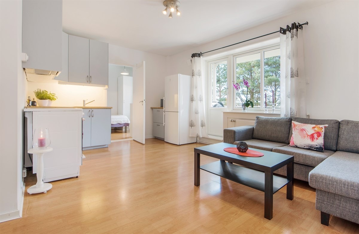 Rommet har godt lysinnslipp fra stuevindu og altandør ut mot balkongen. Galleribilde