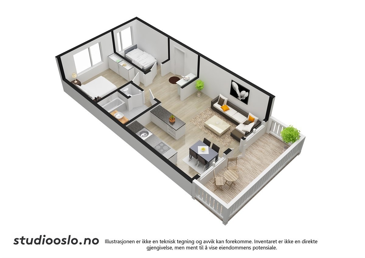 Leilighetens planløsning i 3D. Galleribilde