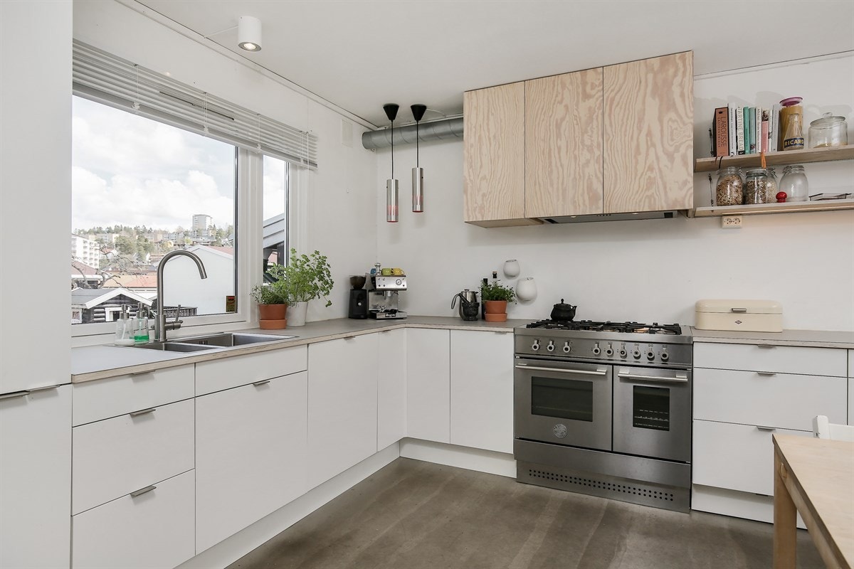Fra oppvaskbenken har man trivlig utsikt mot hageflekken på fremsiden av huset. Galleribilde