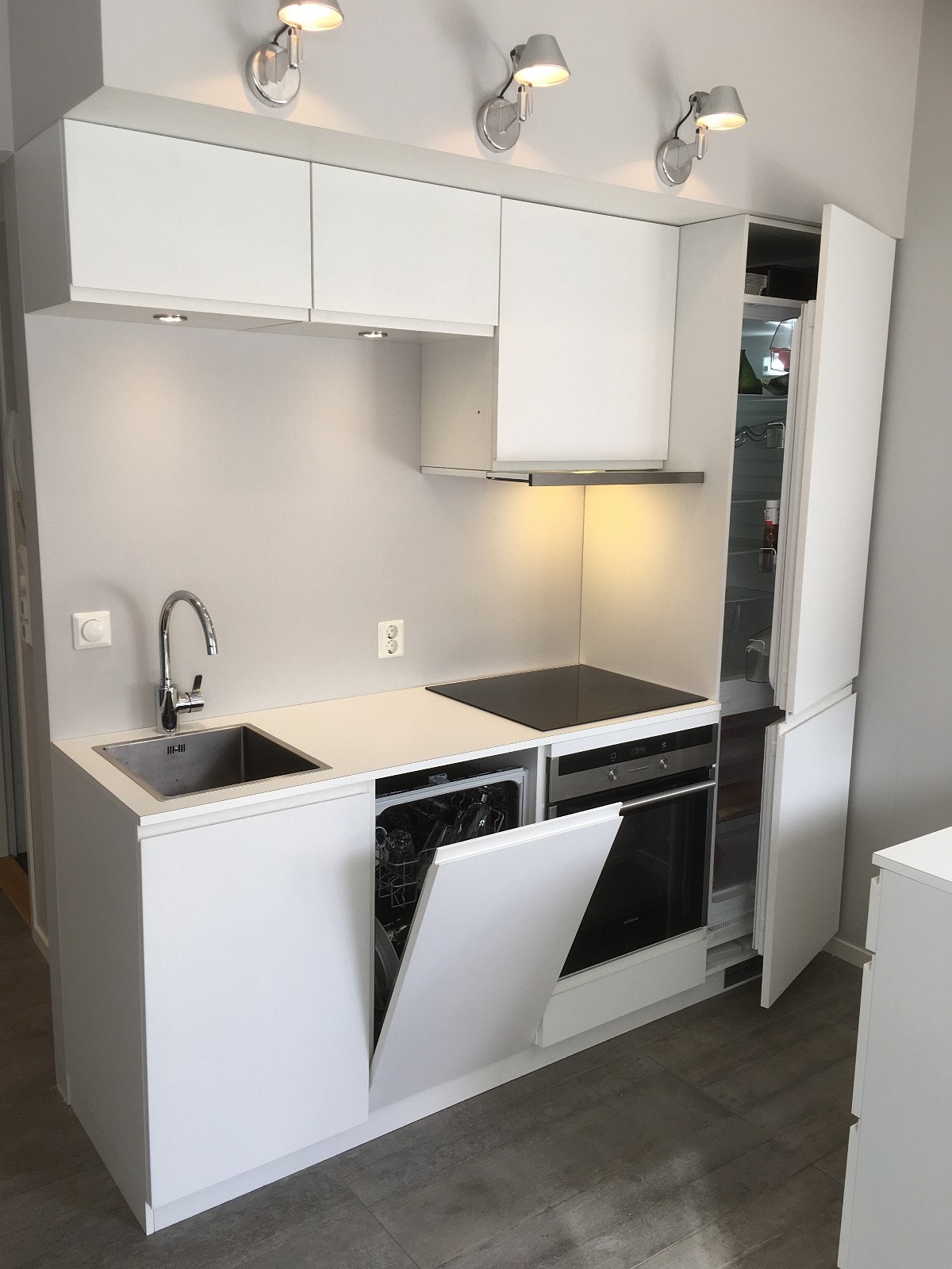 Flott nytt kjøkken m/ vaskemaskin, induksjonsplate, stort kjøleskap/frys Galleribilde