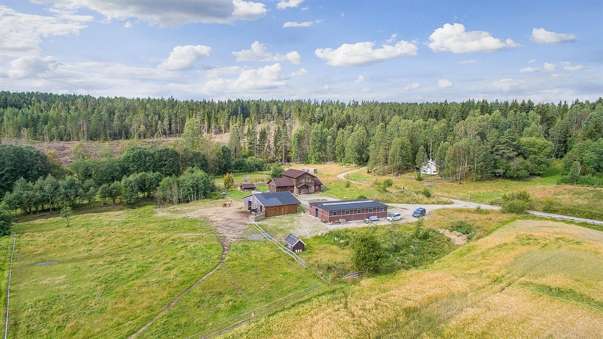 Hele eiendommen sett fra luften, totalt 74 mål Galleribilde