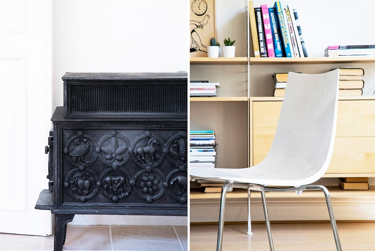 Peis i stuen samt vedovn i spisestuen. Meget fine detaljer i leiligheten Galleribilde