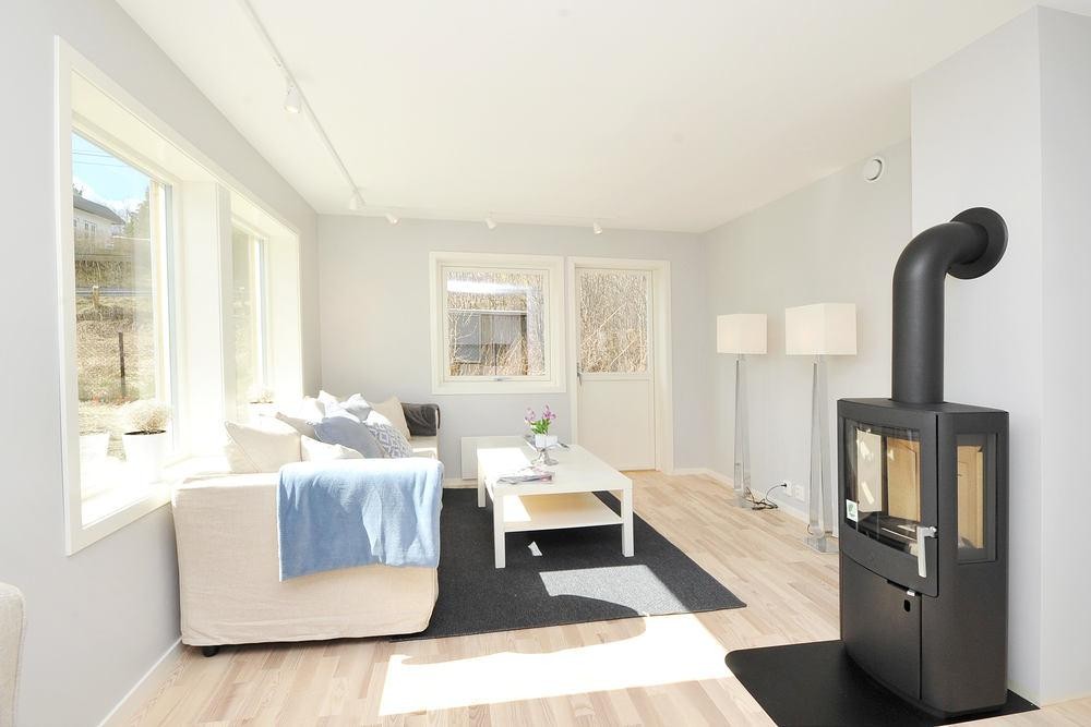 Stue med peisovn og utgang til hagen. Galleribilde