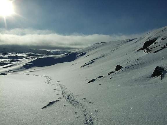 Skitur i Torsteinsdalen, nedenfor Store Ishaug, med silkeføre og kveldssol.
En times skitur fra Åstestølen hyttefelt. Galleribilde