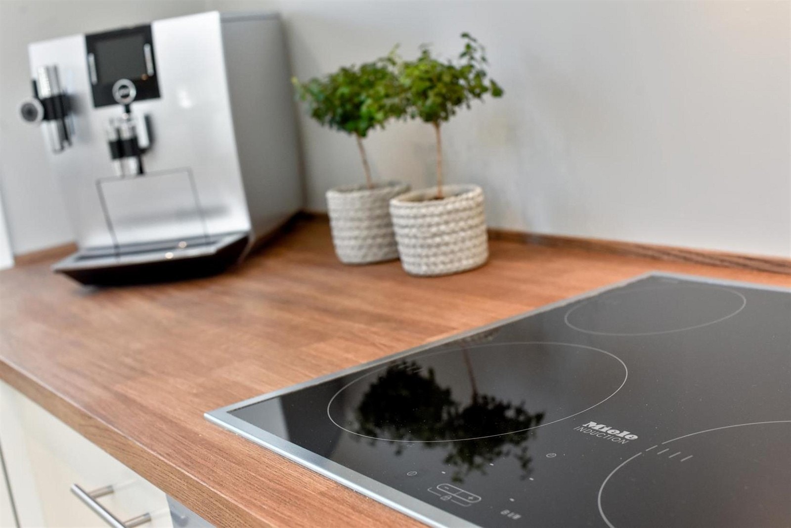 Utstyret er fra Miele og består av stekeovn, induksjonstopp og oppvaskmaskin. I tillegg har kjøkkenet kjøleskuffer og stilig ventilator. Galleribilde