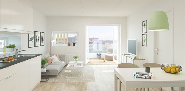 Lys og moderne. Åpen kjøkken/stue løsning. Gode solforhold. Galleribilde