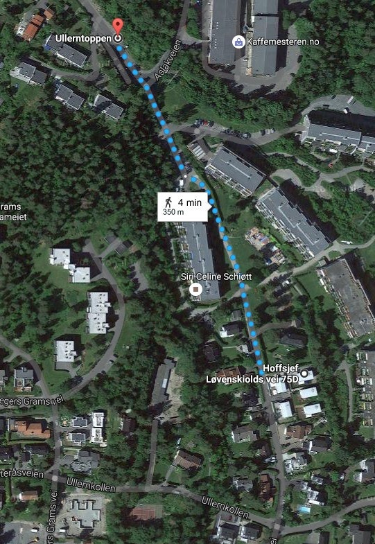 Nærområdet - 300 meter å gå fra holdeplass Ullerntoppen for buss 46 og til boligen. Nærbutikken ligger langs gangveien fra bussen til boligen. Galleribilde