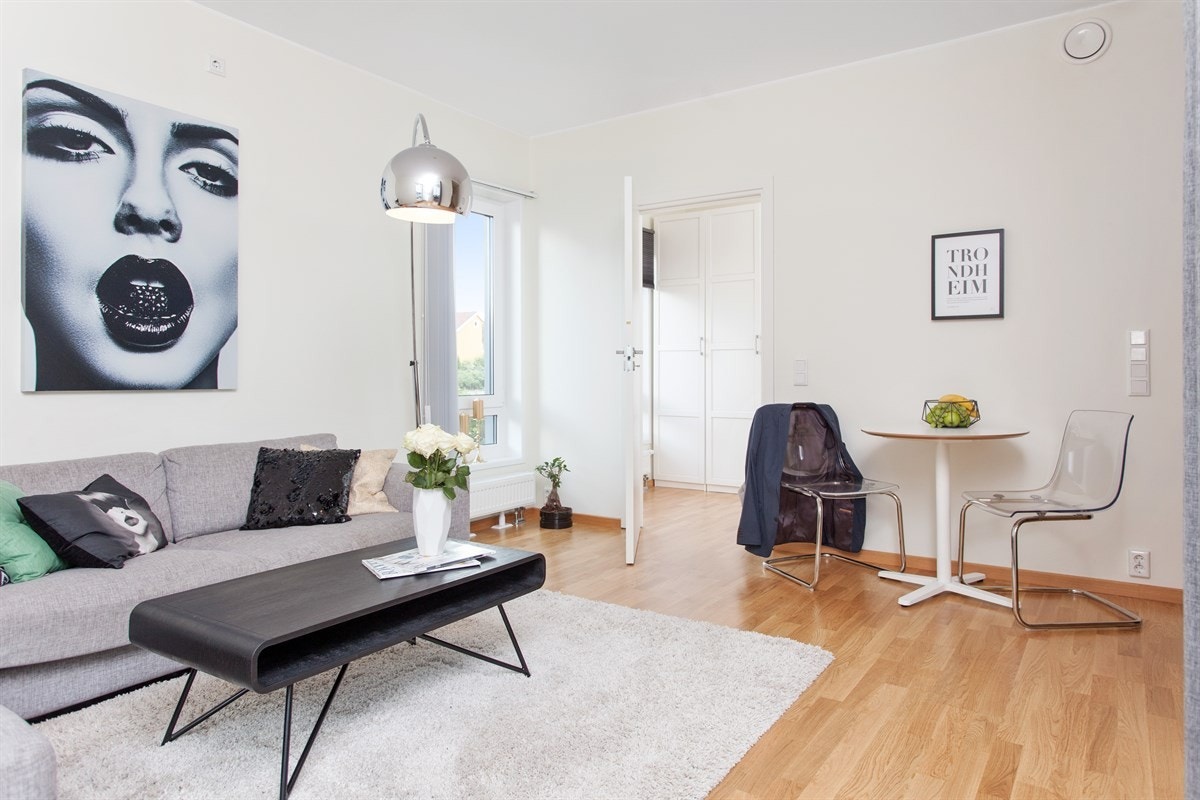 I stuen har man god plass til både sofaløsning og spisebord. Galleribilde