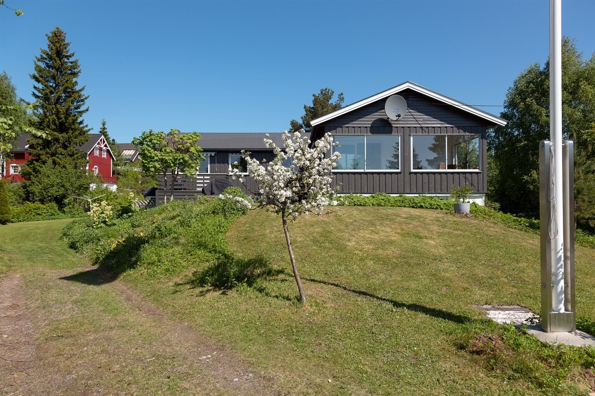 Tomten er pent opparbeidet med store plenarealer, diverse busker og frukttrær m.m. Galleribilde