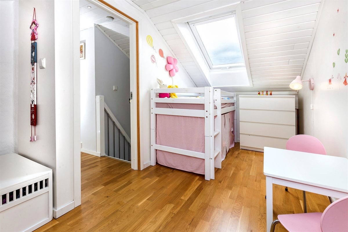 Soverom 1 på loft med parkett på gulv og malte på vegger. Galleribilde