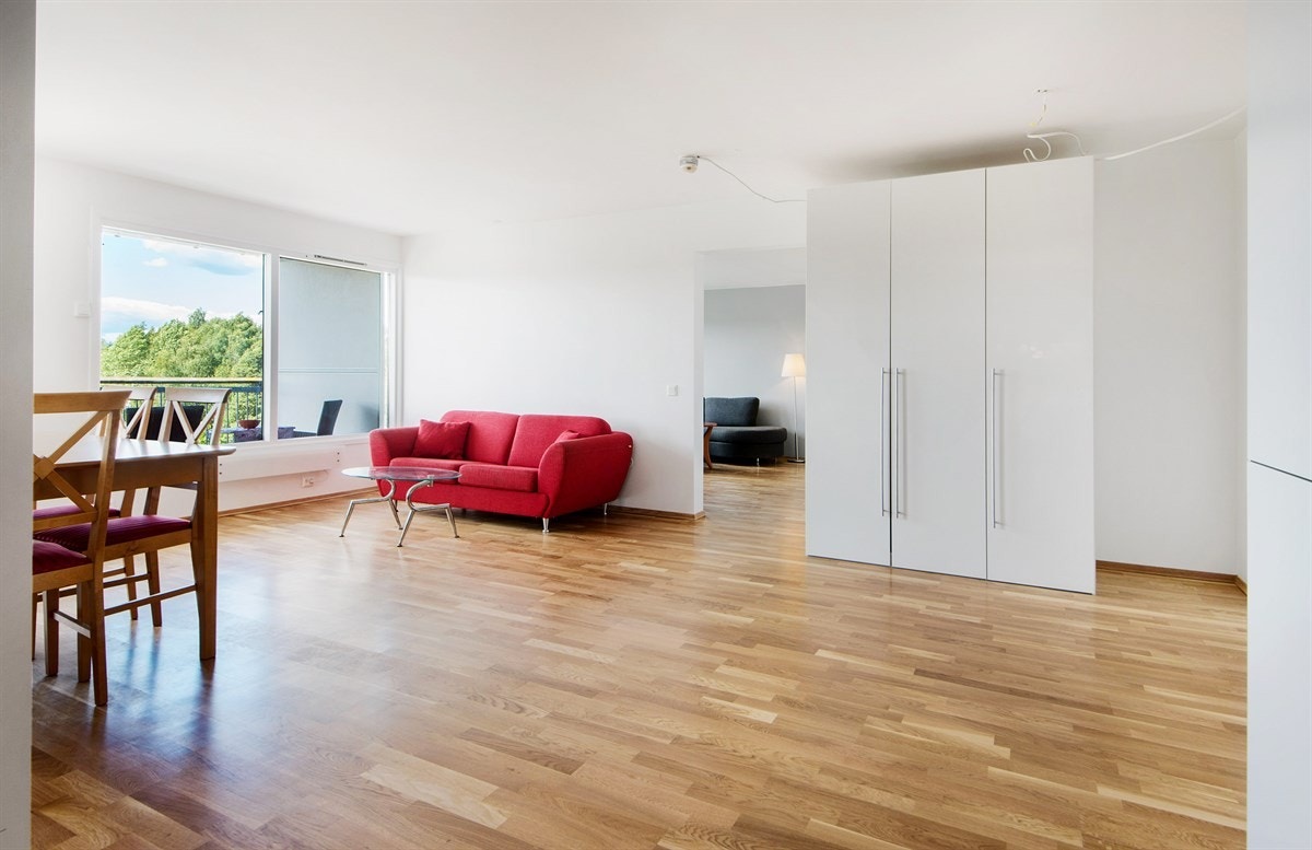 Romslig og lys stue med utgang til solrik veranda. Galleribilde