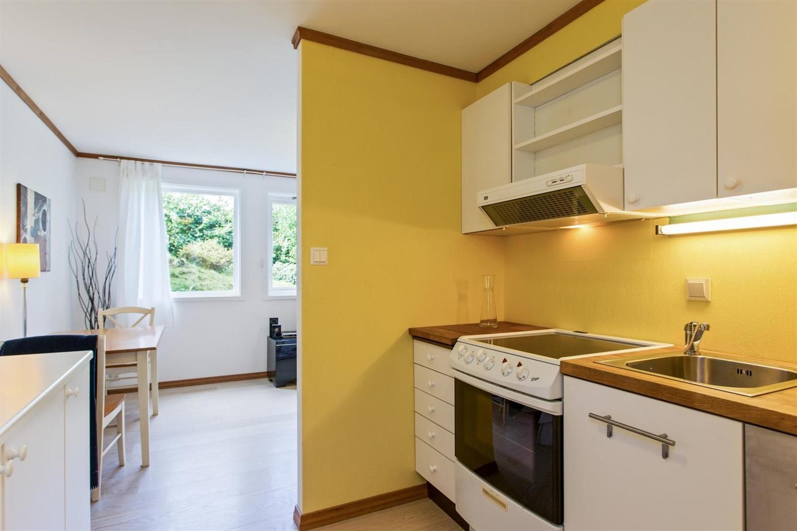 Delvis åpen kjøkenløsning i sokkelleiligheten. Galleribilde