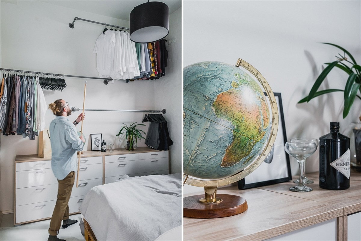 Foruten å kunne møblere med en dobbelseng, finner du rikelig plass til å henge opp det meste av garderoben på veggstativene. Galleribilde