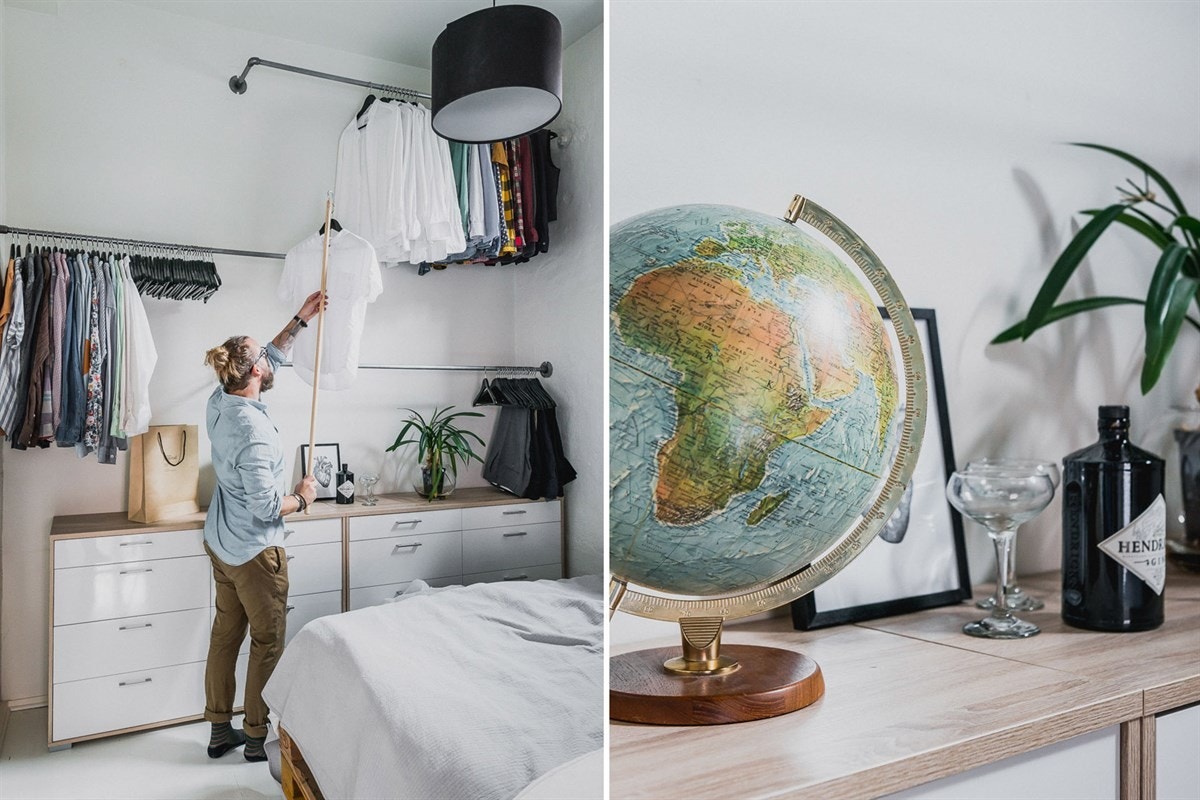 Foruten å kunne møblere med en dobbelseng, finner du rikelig plass til å henge opp det meste av garderoben på veggstativene. Galleribilde