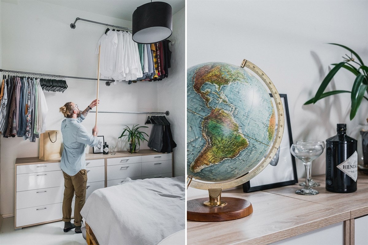 Foruten å kunne møblere med en dobbelseng, finner du rikelig plass til å henge opp det meste av garderoben på veggstativene. Galleribilde