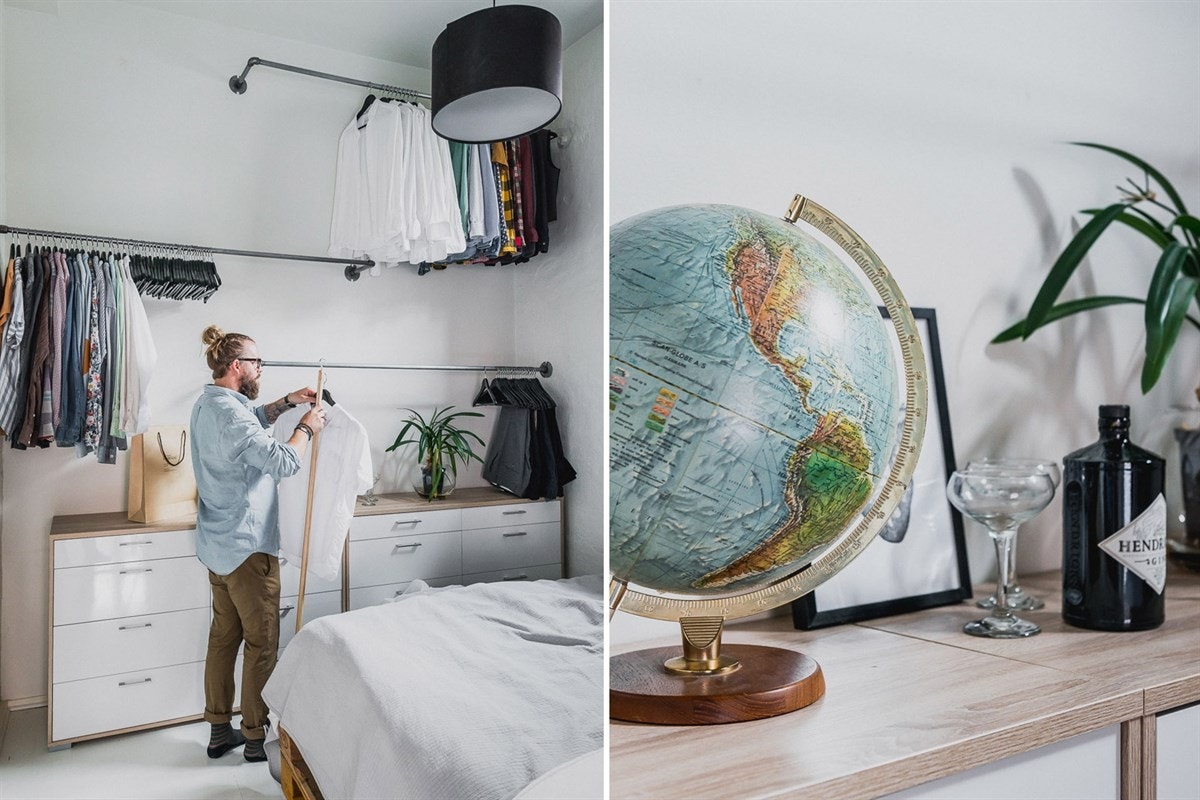 Foruten å kunne møblere med en dobbelseng, finner du rikelig plass til å henge opp det meste av garderoben på veggstativene. Galleribilde