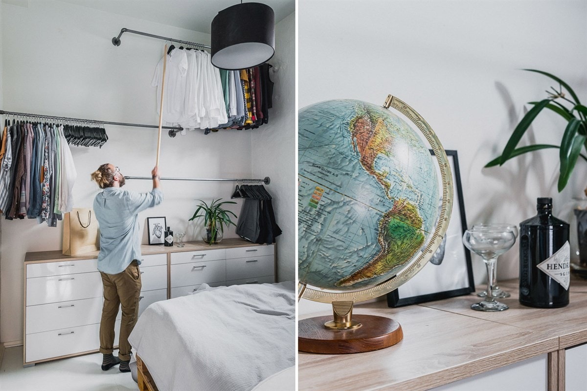 Foruten å kunne møblere med en dobbelseng, finner du rikelig plass til å henge opp det meste av garderoben på veggstativene. Galleribilde