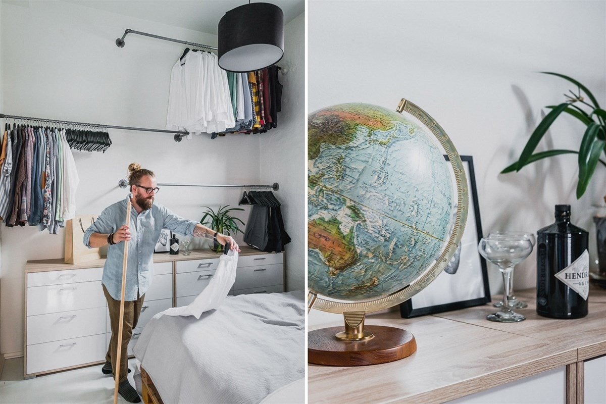 Foruten å kunne møblere med en dobbelseng, finner du rikelig plass til å henge opp det meste av garderoben på veggstativene. Galleribilde