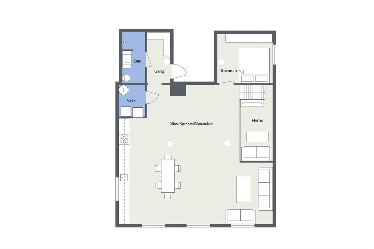 (3. etasje) Entré, bod, bad, soverom og stue med åpen kjøkkenløsning. Mulighet for å etablere ekstra soveplass på hemsen. Galleribilde