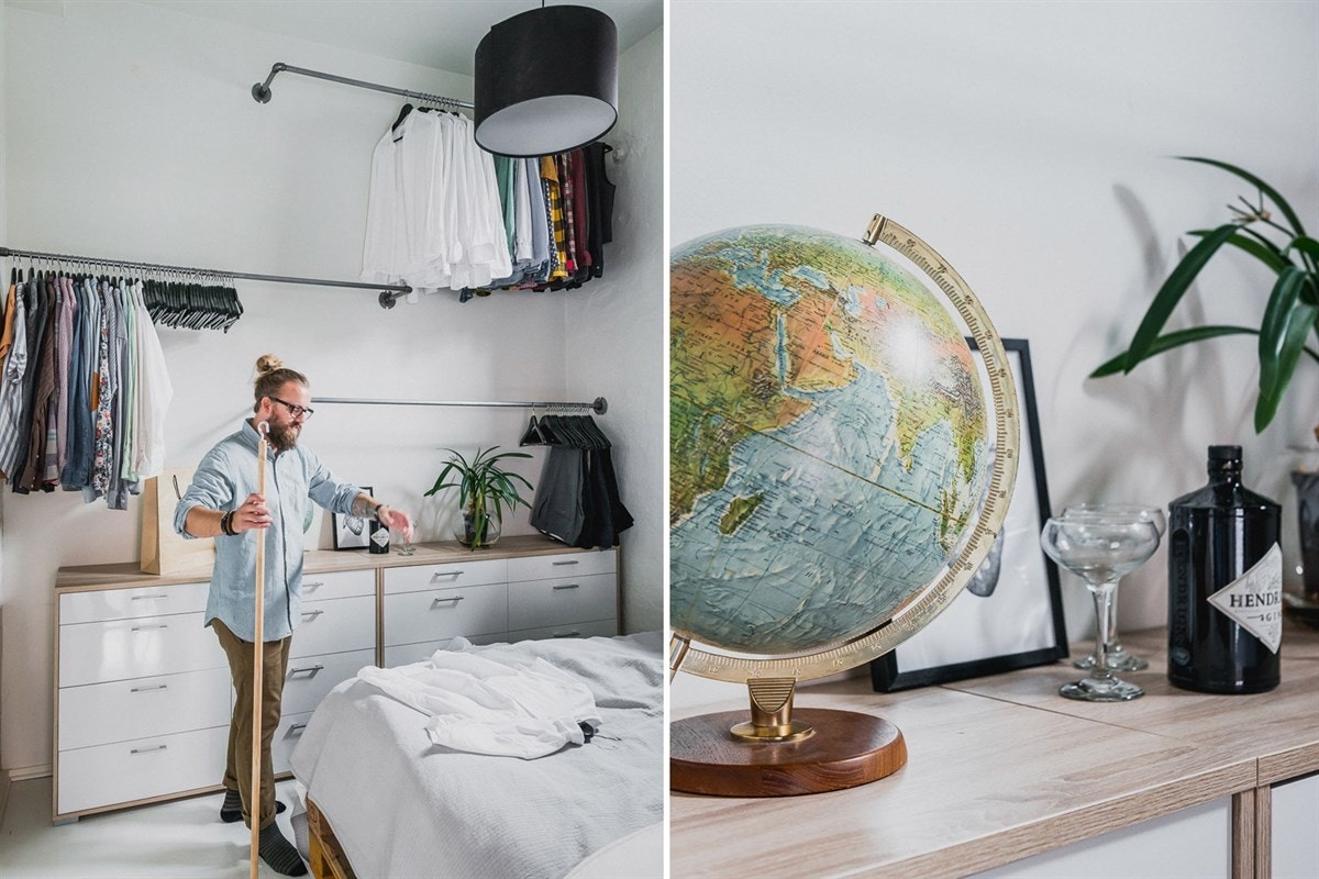 Foruten å kunne møblere med en dobbelseng, finner du rikelig plass til å henge opp det meste av garderoben på veggstativene. Galleribilde