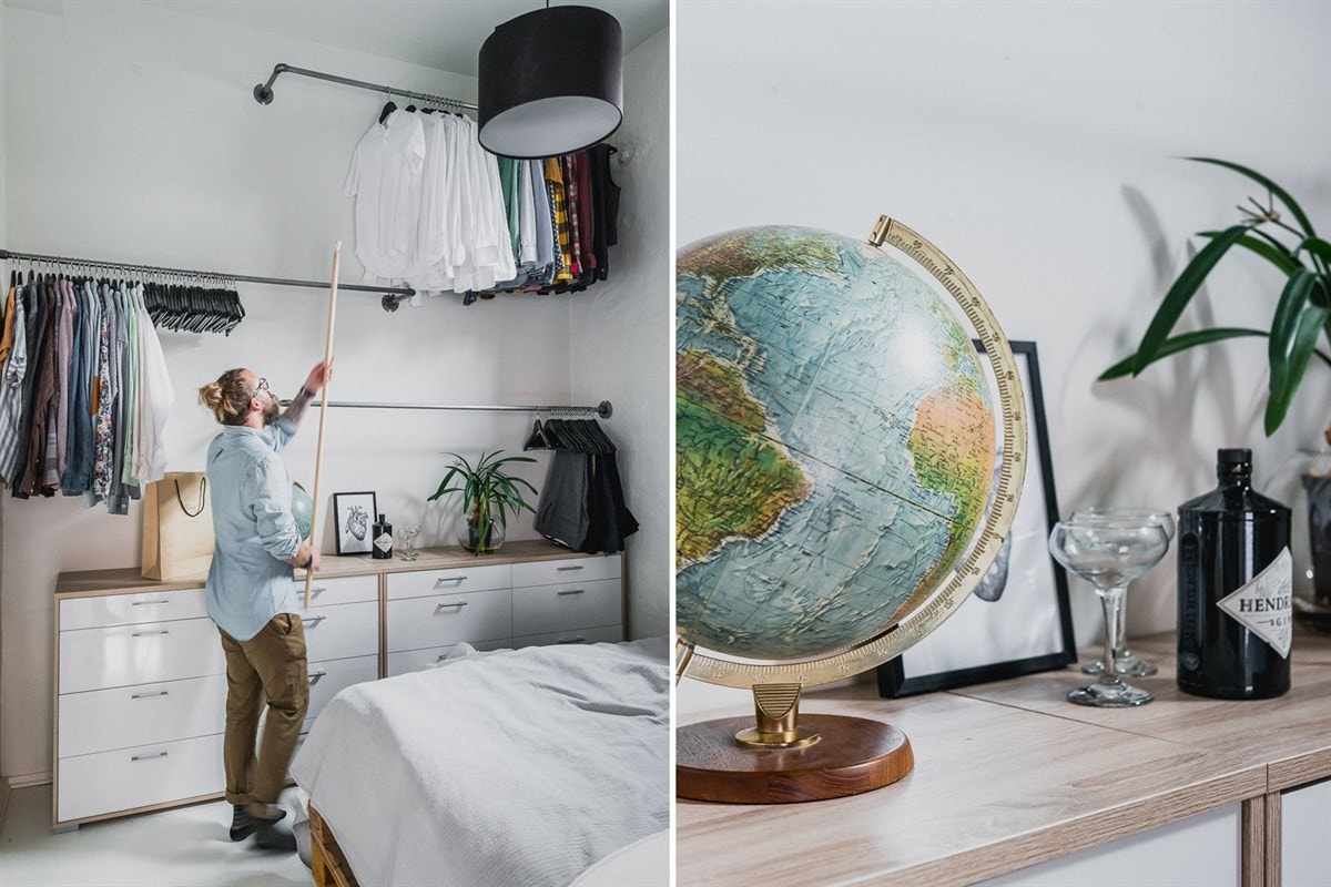 Foruten å kunne møblere med en dobbelseng, finner du rikelig plass til å henge opp det meste av garderoben på veggstativene. Galleribilde