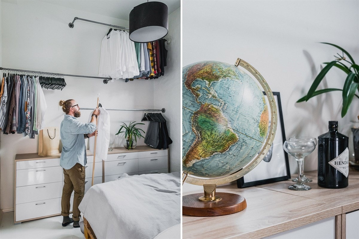 Foruten å kunne møblere med en dobbelseng, finner du rikelig plass til å henge opp det meste av garderoben på veggstativene. Galleribilde