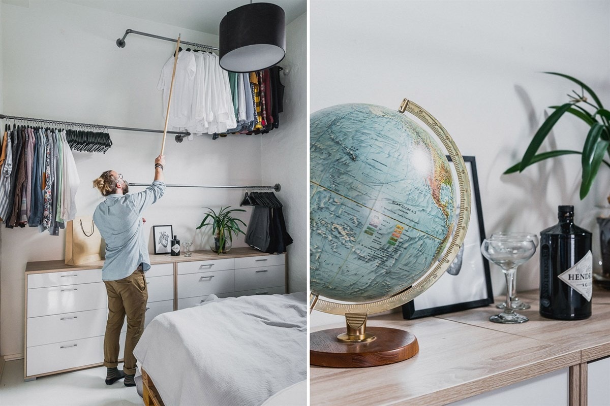 Foruten å kunne møblere med en dobbelseng, finner du rikelig plass til å henge opp det meste av garderoben på veggstativene. Galleribilde