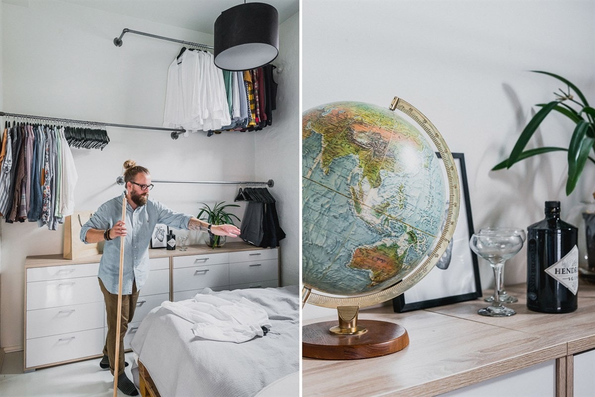 Foruten å kunne møblere med en dobbelseng, finner du rikelig plass til å henge opp det meste av garderoben på veggstativene. Galleribilde