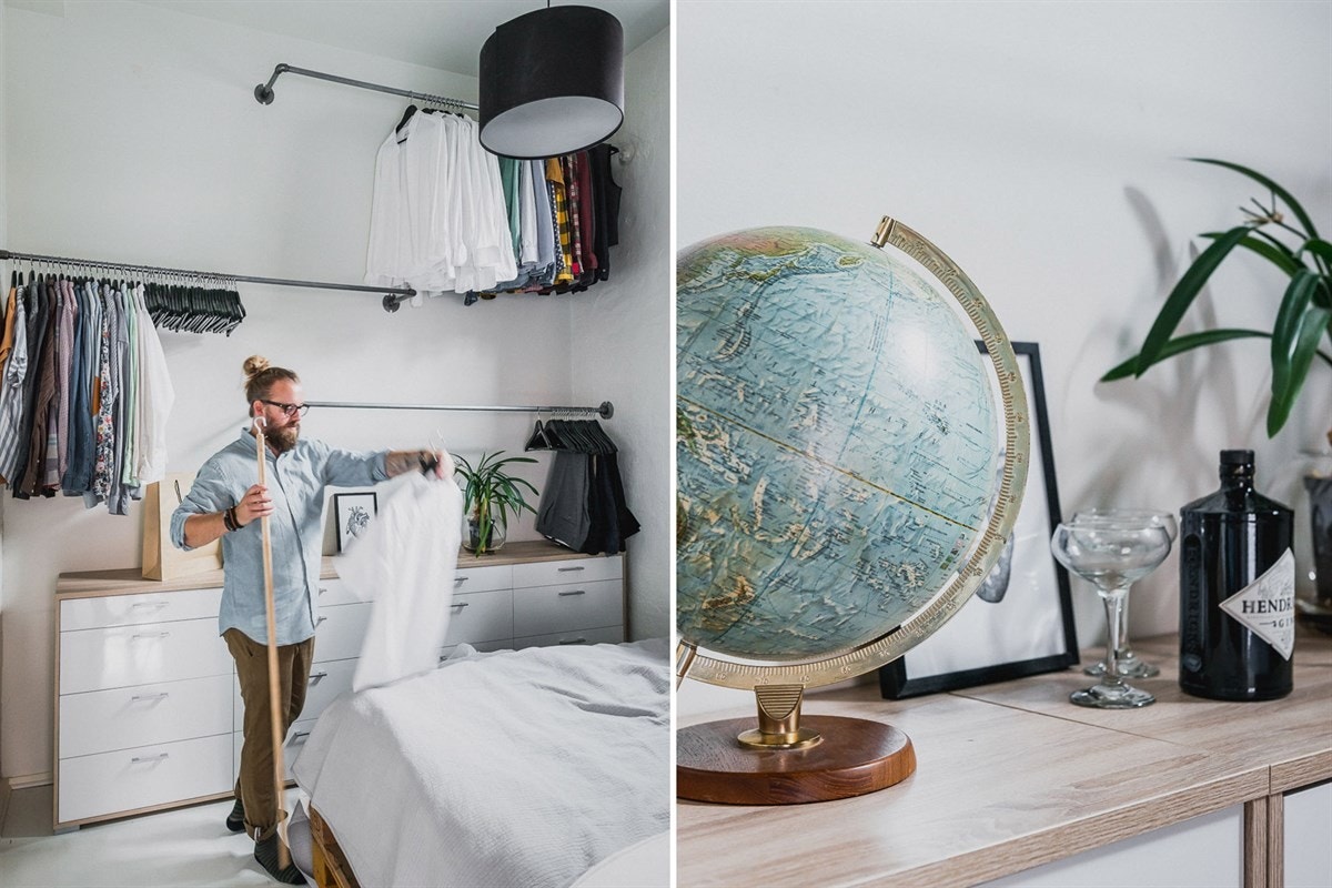 Foruten å kunne møblere med en dobbelseng, finner du rikelig plass til å henge opp det meste av garderoben på veggstativene. Galleribilde