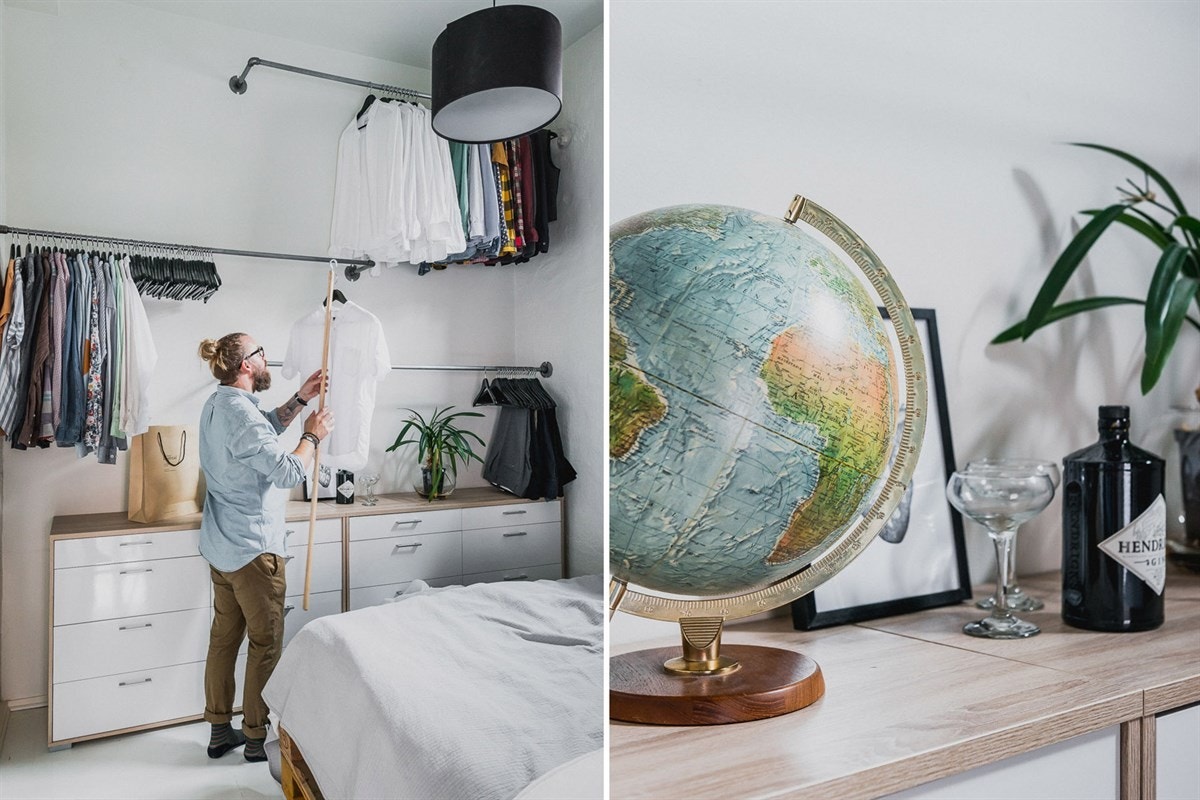 Foruten å kunne møblere med en dobbelseng, finner du rikelig plass til å henge opp det meste av garderoben på veggstativene. Galleribilde