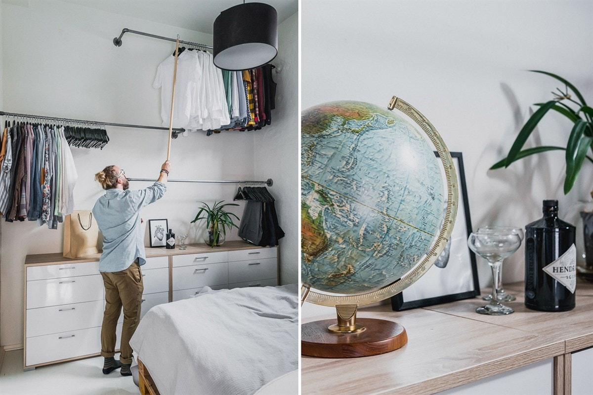Foruten å kunne møblere med en dobbelseng, finner du rikelig plass til å henge opp det meste av garderoben på veggstativene. Galleribilde