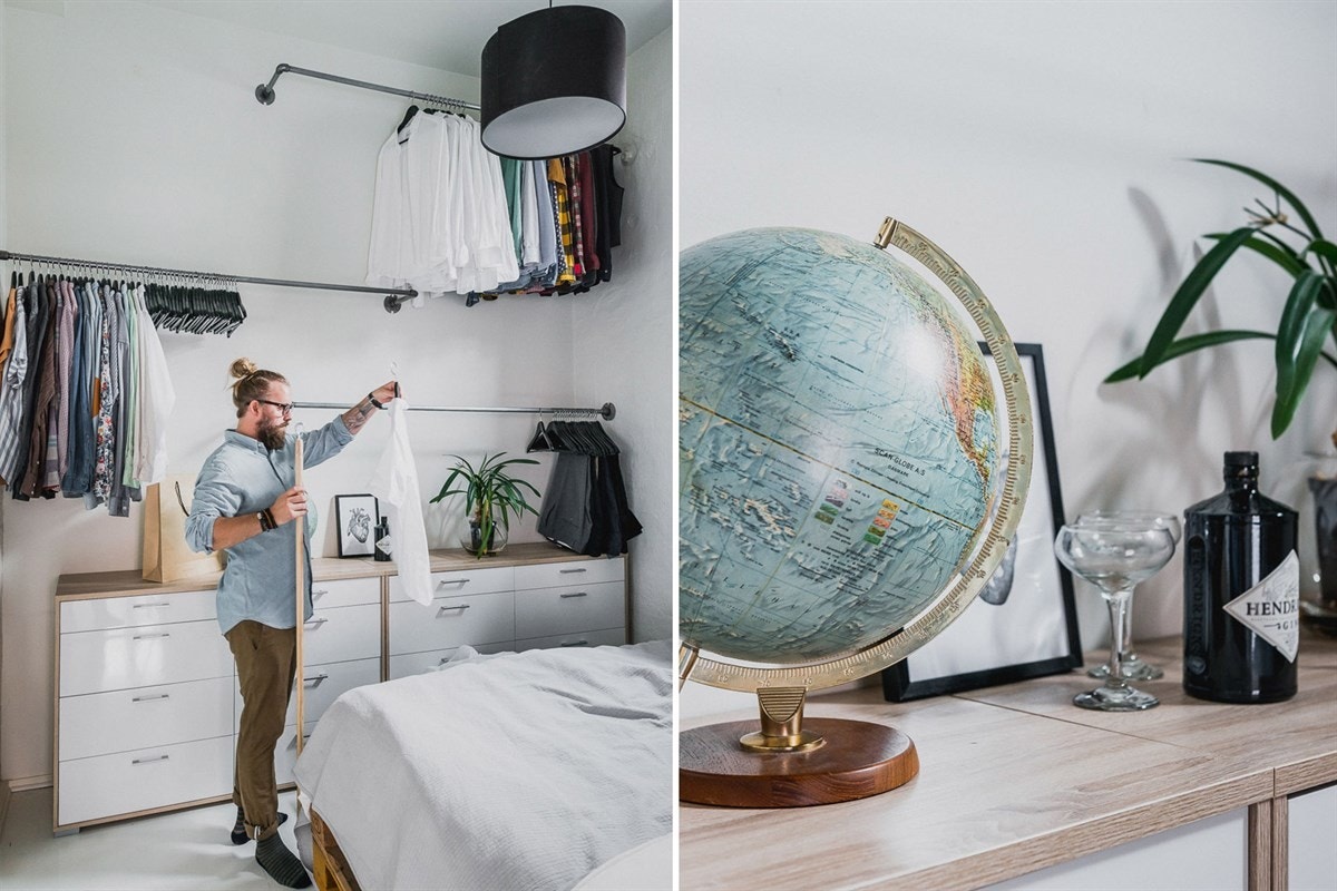 Foruten å kunne møblere med en dobbelseng, finner du rikelig plass til å henge opp det meste av garderoben på veggstativene. Galleribilde