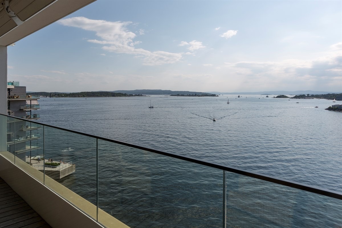 Fantastisk utsikt ut fjorden fra balkong foran stuen Galleribilde
