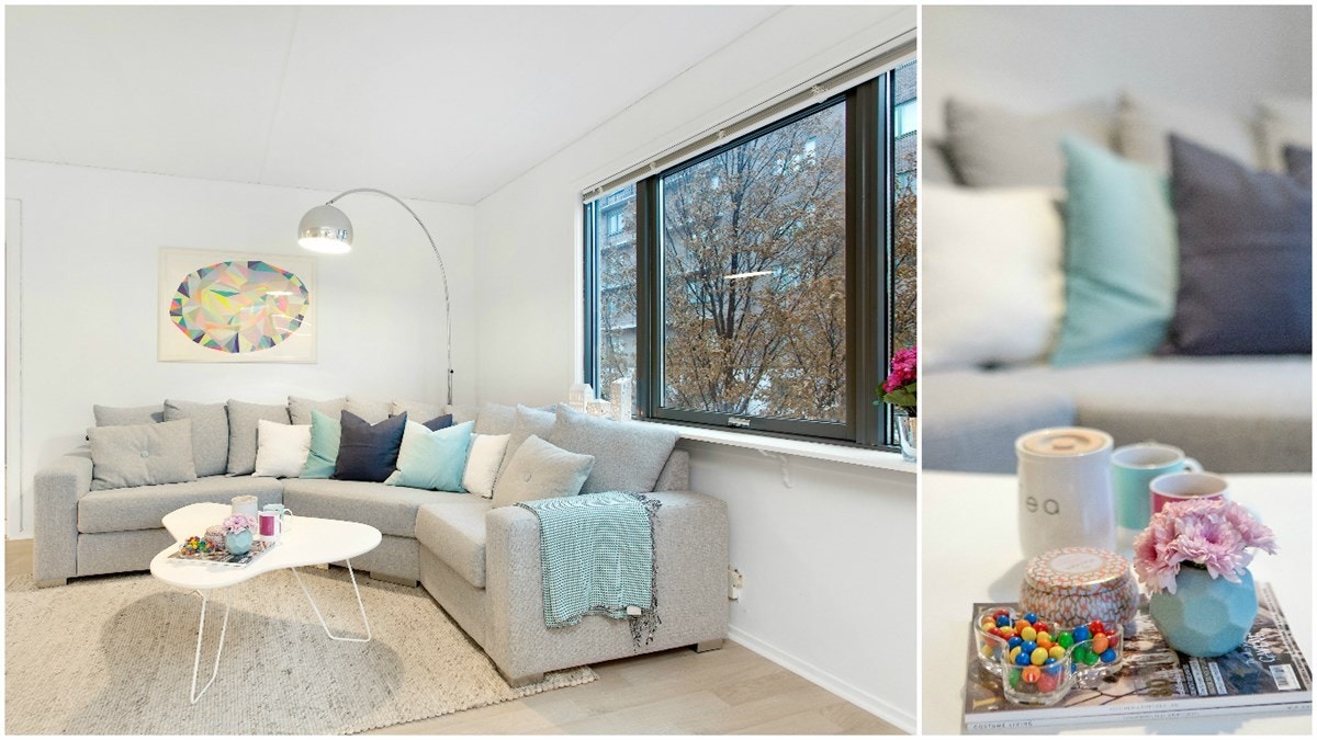 Her får du plass til en stor sofagruppe med tilhørende sofabord og tv-en på andre siden av rommet. Galleribilde