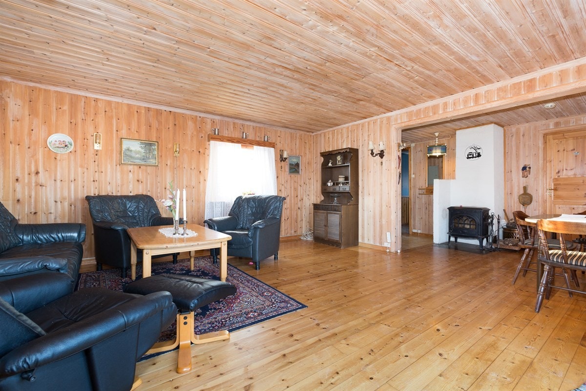 Romslig stue med vedovn Galleribilde