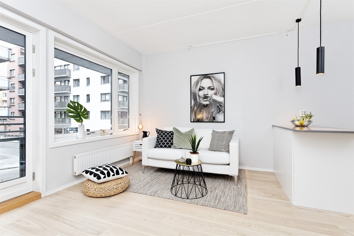 Lys og flott stue med fransk balkong Galleribilde