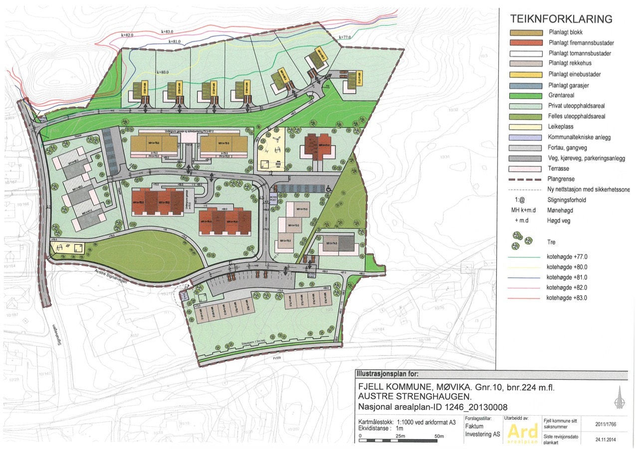 Illustrasjonsplan over boligfeltet: Eneboligtomtene helt øverst i bildet Galleribilde