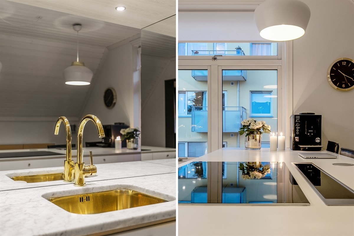 De store speilflatene omkring vaskesonen er dekorative og utvider romfølelsen. Galleribilde