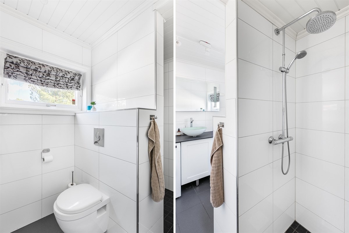 Badet inkluderer en stor, delvis avskjermet dusjnisje. Galleribilde