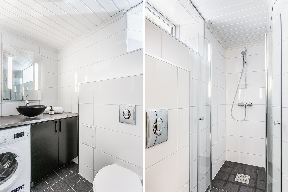 Hybelens bad er utført i samme arealeffektive løsning som i etasjen over. Galleribilde