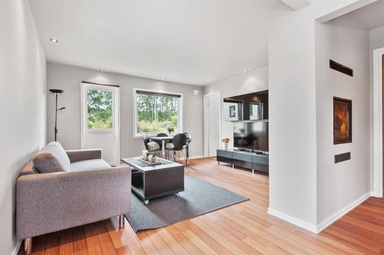 Stue møblert med sofa, teppe, stuebord, TV-bord, TV, bokhylle og peis Galleribilde