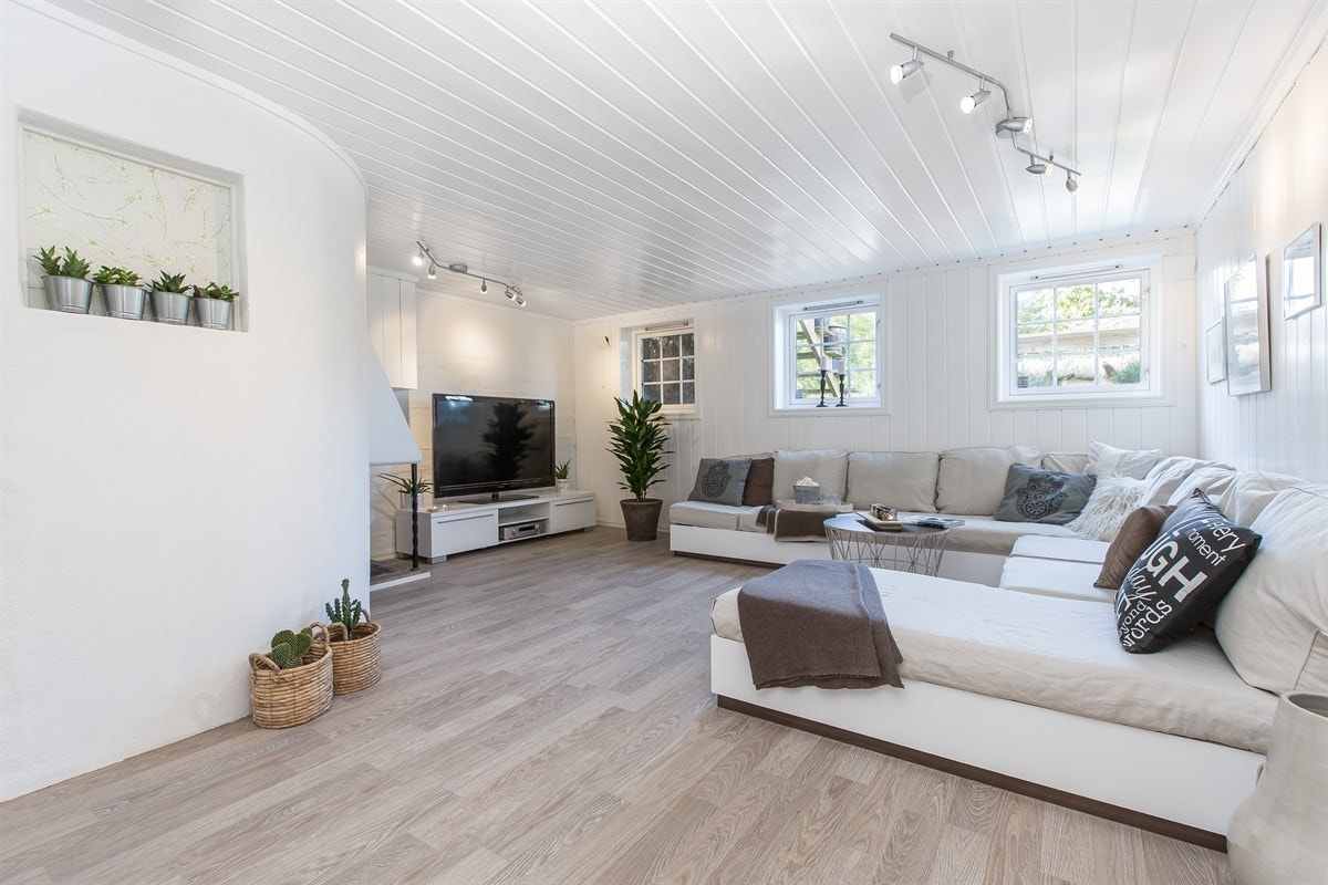 Romslig kjellerstue med peis Galleribilde