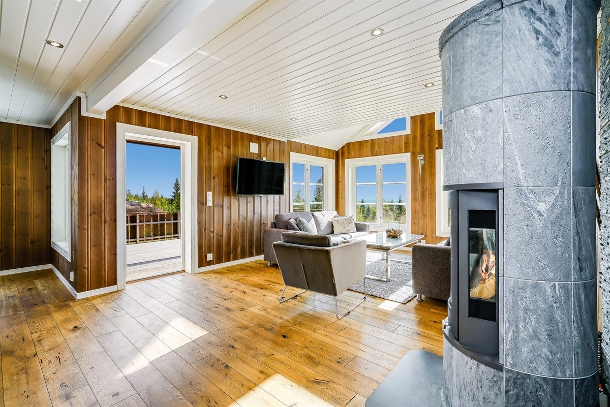 Fantastiske utsikt over skogkledde åser og buktende fjell Galleribilde